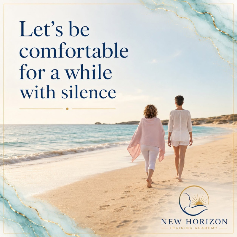 Two women walking along a beach in Cape Verde with the words “Let’s be comfortable for a while with silence”, illustrating a New Horizon Training Academy reflection on therapeutic silence in hypnotherapy practice.